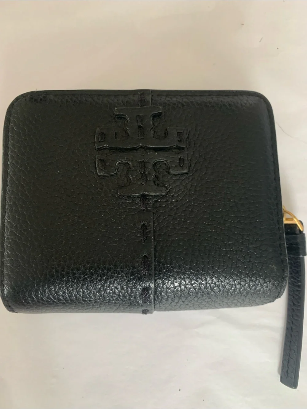 Tory Burch Black Pebbled Leather Zip Card Case with Logo