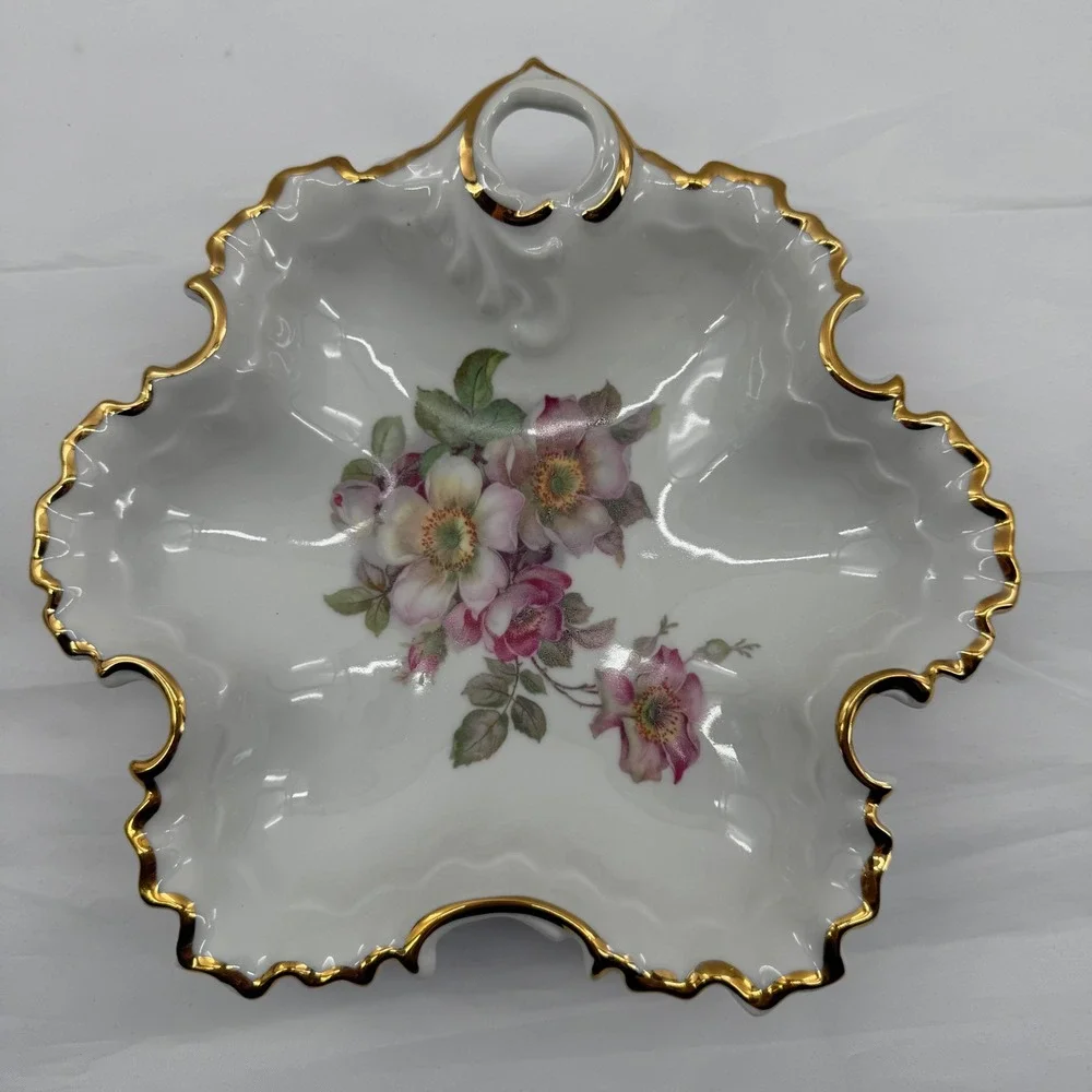 Vintage Gerold Porzellan Bavaria Western Germany Floral Trinket‎ Dish Gold Trim