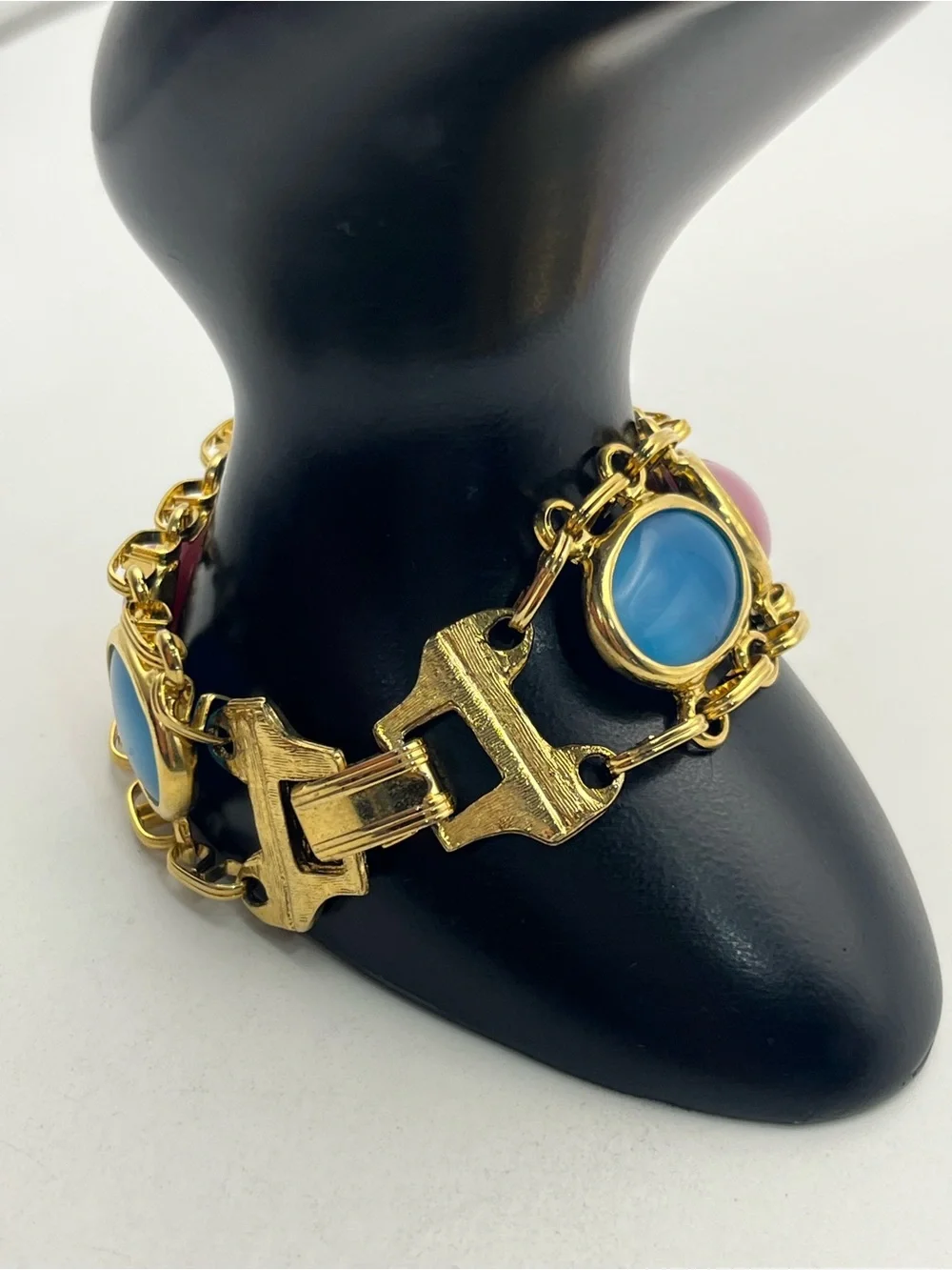 Pale Pink, blue, yellow oval cabochon gold tone vintage chain bracelet