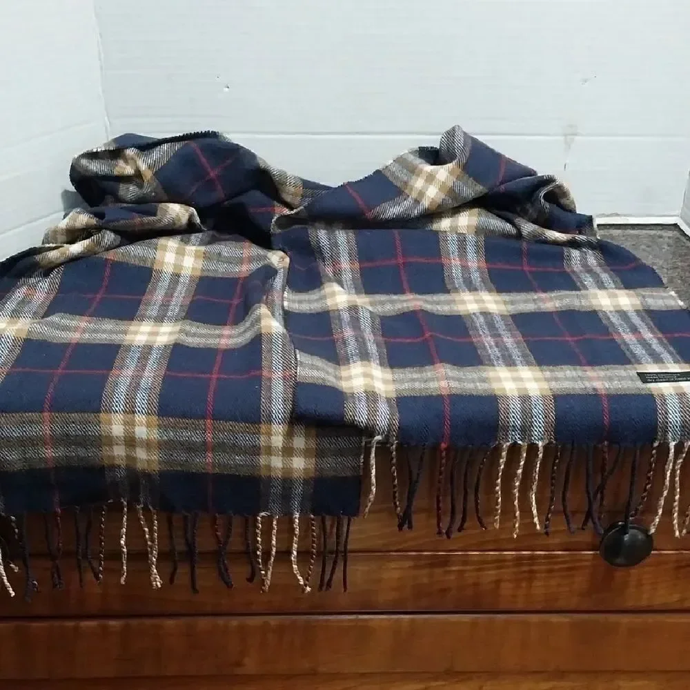 Unisex Plaid Cashmere Scarf - Navy and Brown