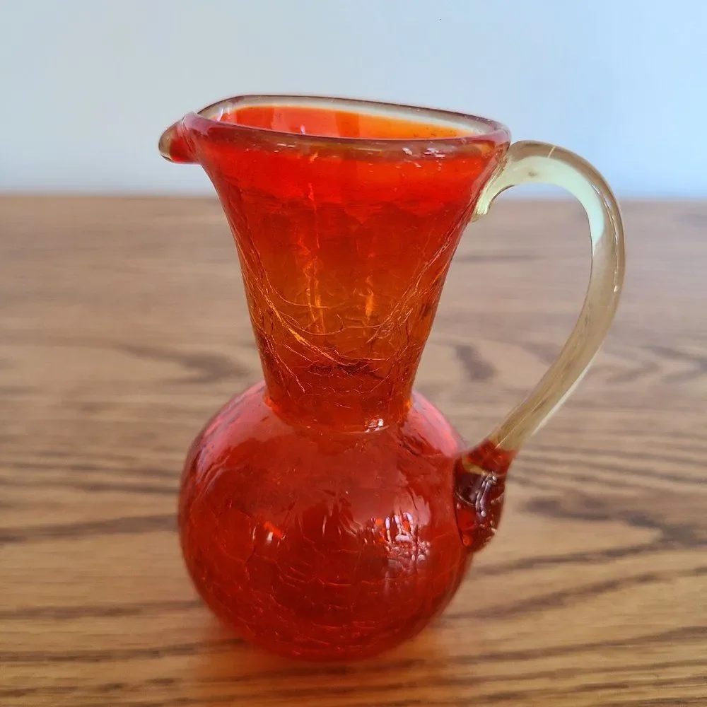 Mini Crackle Glass Pitcher Boho Shabby Chic Window Tabletop Dresser Mini Vase