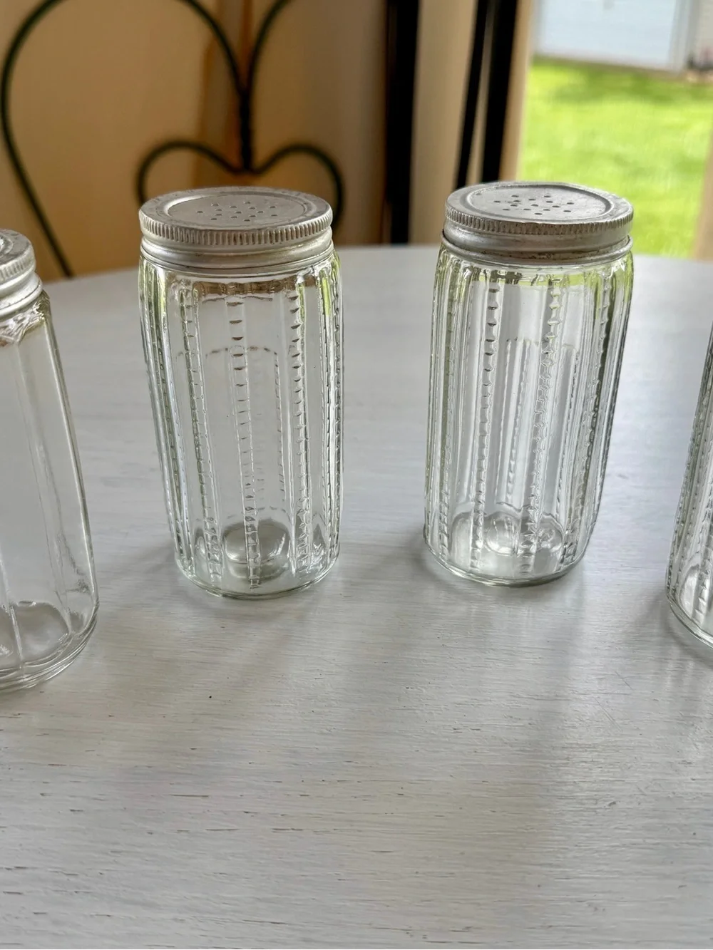 VINTAGE, SET/5, HOOSIER CABINET CLEAR GLASS SPICE JARS