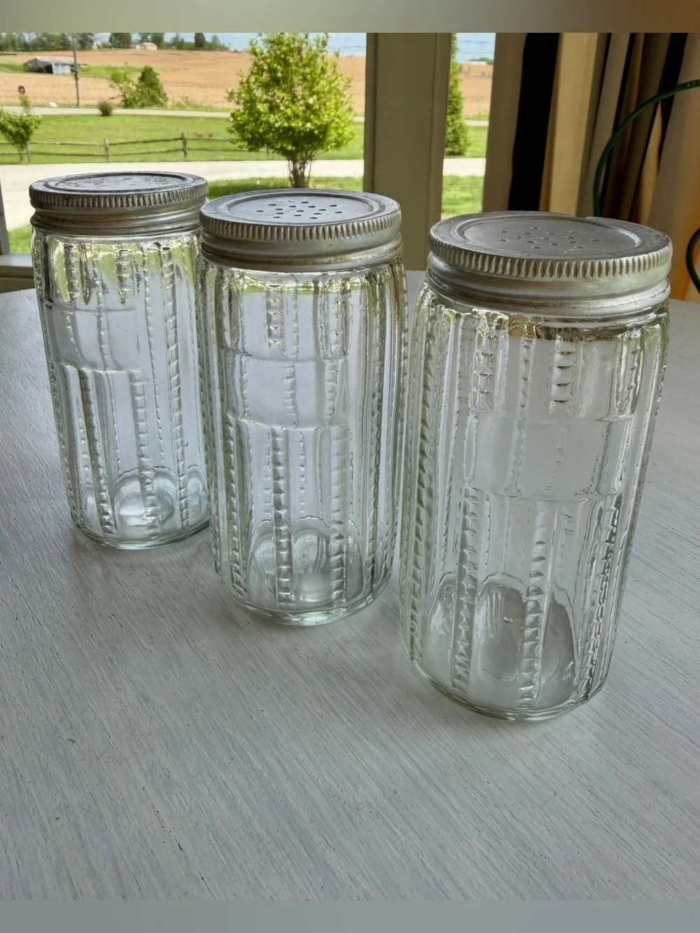 VINTAGE, SET/5, HOOSIER CABINET CLEAR GLASS SPICE JARS