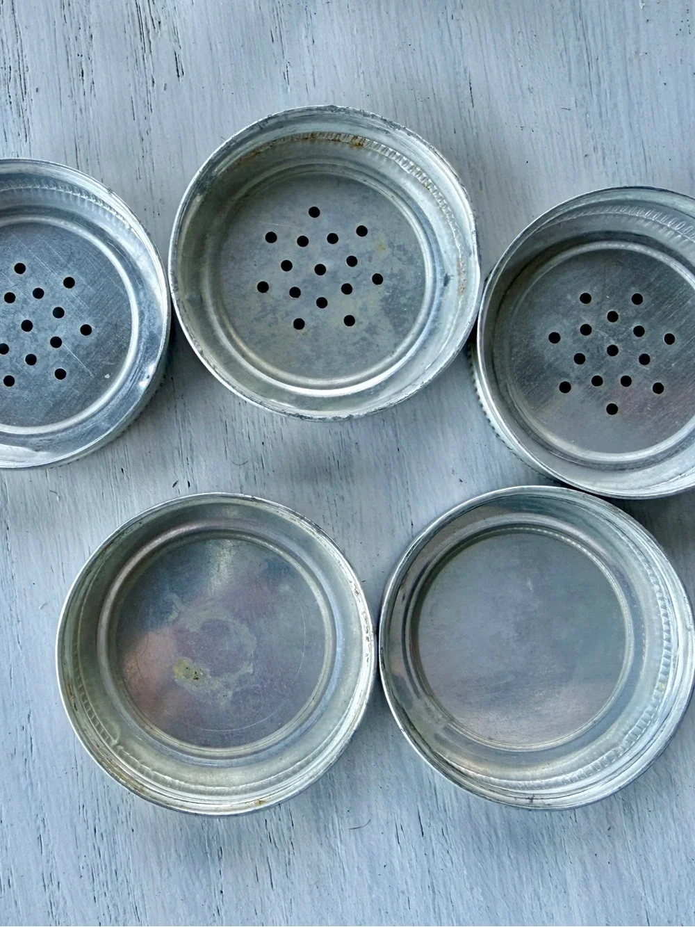 VINTAGE, SET/5, HOOSIER CABINET CLEAR GLASS SPICE JARS