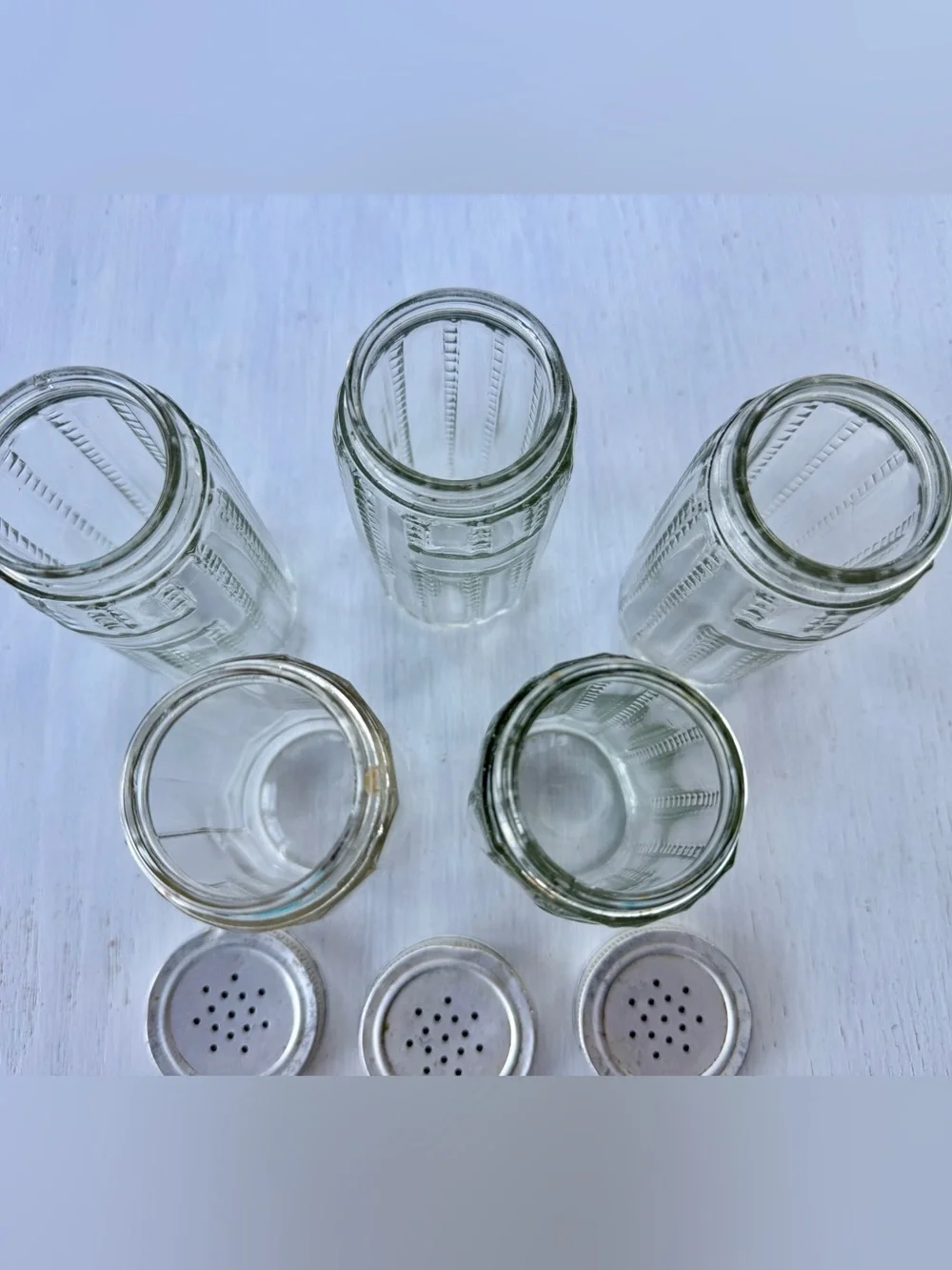 VINTAGE, SET/5, HOOSIER CABINET CLEAR GLASS SPICE JARS