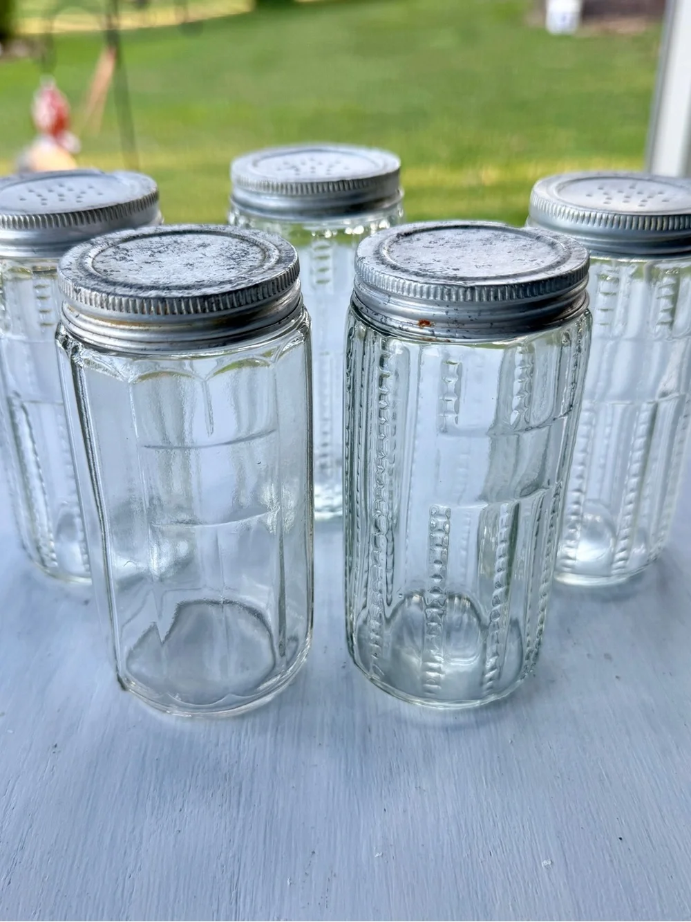 VINTAGE, SET/5, HOOSIER CABINET CLEAR GLASS SPICE JARS