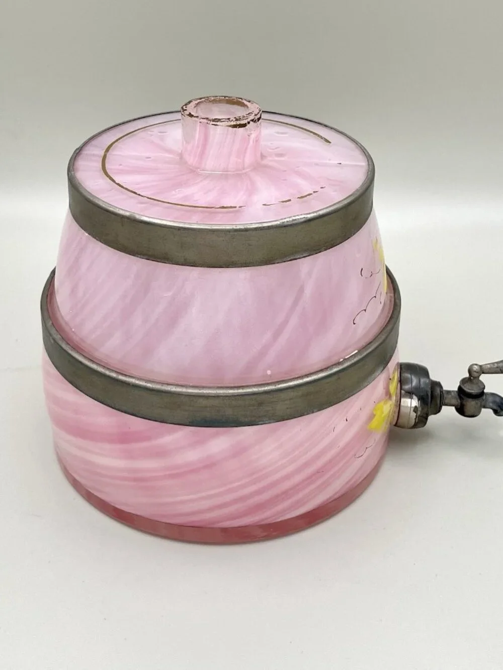 Antique Pink Swirl Glass Beverage Dispenser Floral Spigot VTG Victorian Cottage