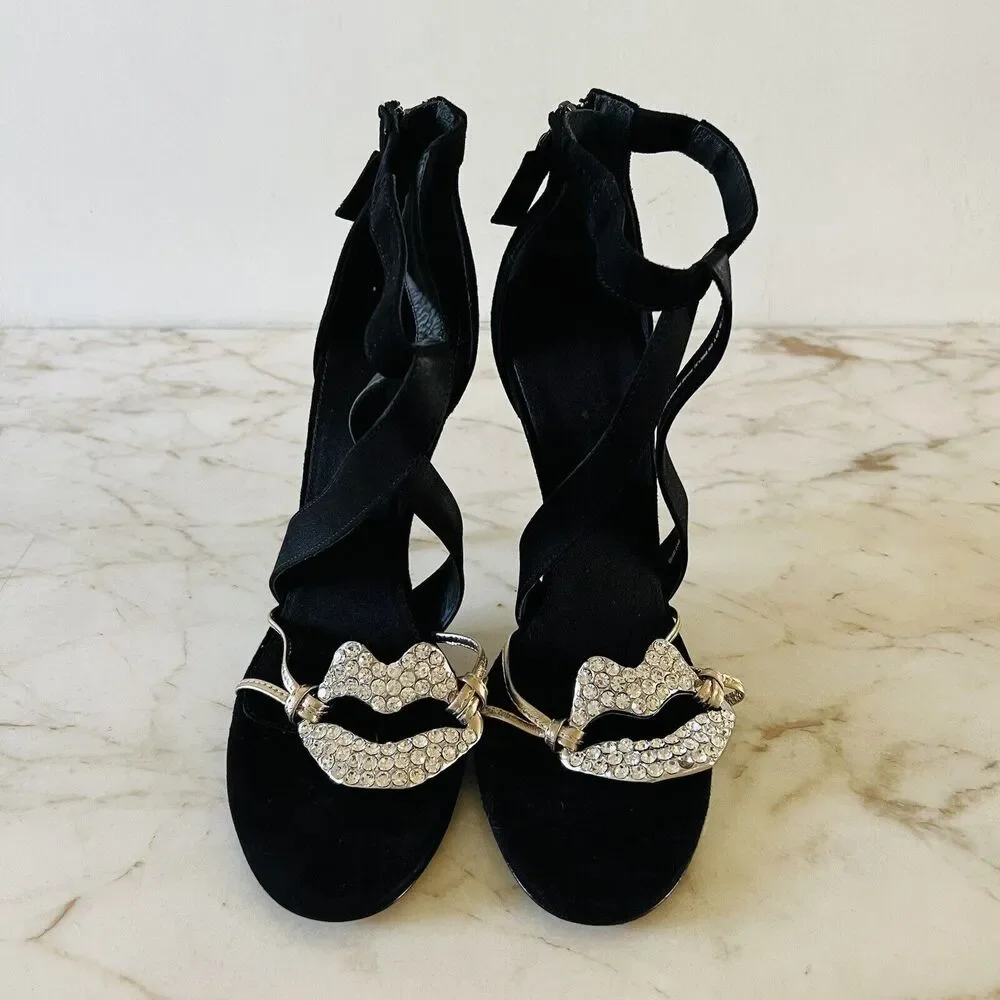 2019 GIAMBATTISTA VALLI x H&M Suede Black Crystal Lips Sandals Heels - EU 8/US 7
