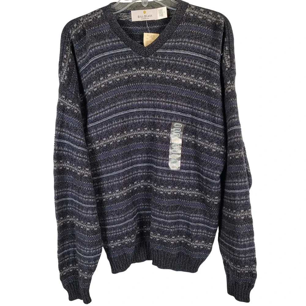 NWT Bill Blass Mens L V-Neck Sweater Multicolor Cotton Blend Grandpacore Vintage