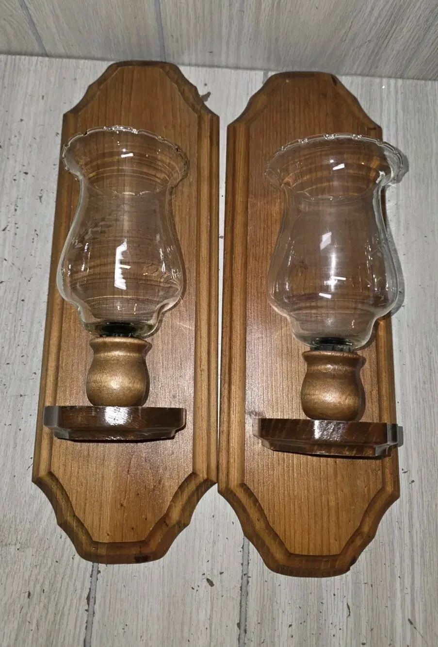 Vtg Wooden Wall Sconce Clear Floral Glass Votive Candle Holder Cabin Decor