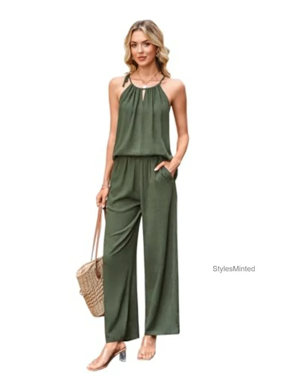 Women's 2 Piece Linen Blend Halter Top Wide Leg Pants Set Vacation Sleeveless
