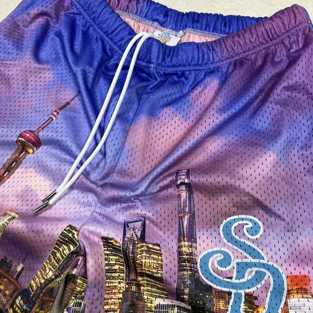Snow Day Shorts Mens Large Purple City Skyline Mesh Shanghai SD Logo Athletic‎
