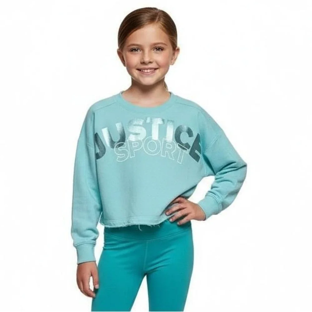 JUSTICE Sport Activewear Girls 12 Teal Crop Sweatshirt‎ Crew Neck Athleisure