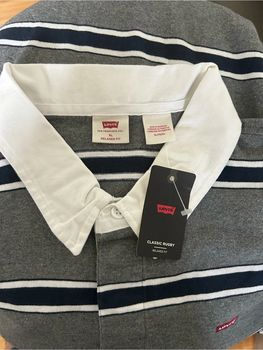 New with Tags Levi's Men's Gray Striped Classic Rugby Polo Relaxed Fit