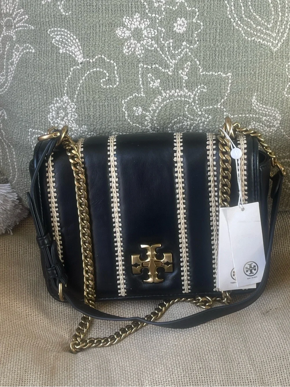 NWT Tory Burch Kira Whipstitch Leather Stripe Chain Shoulder Bag 🖤✨