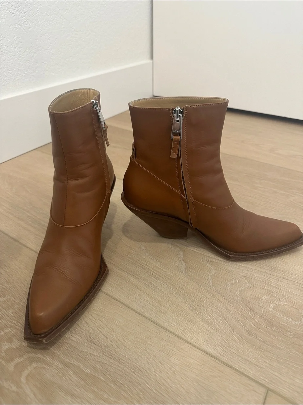 Just Cavalli Women's Tan Leather Pointed Ankle Booties with Side Zip