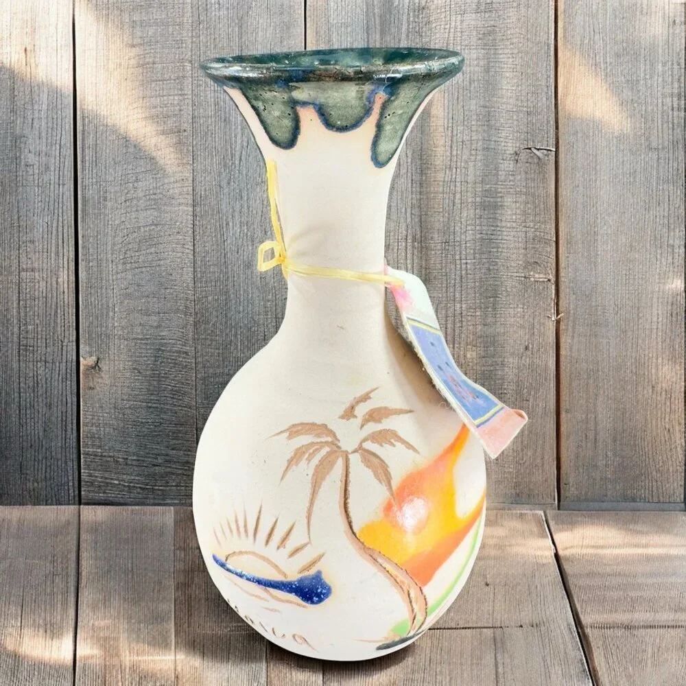 Vintage Jamaican Marblestone Pottery Vase Vessel Signed Hand‎ Made With Tag VTG