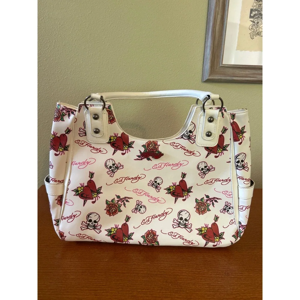 Ed Hardy Tattoo Print Shoulder Bag White Skull Rose Heart Y2K Satchel Tote