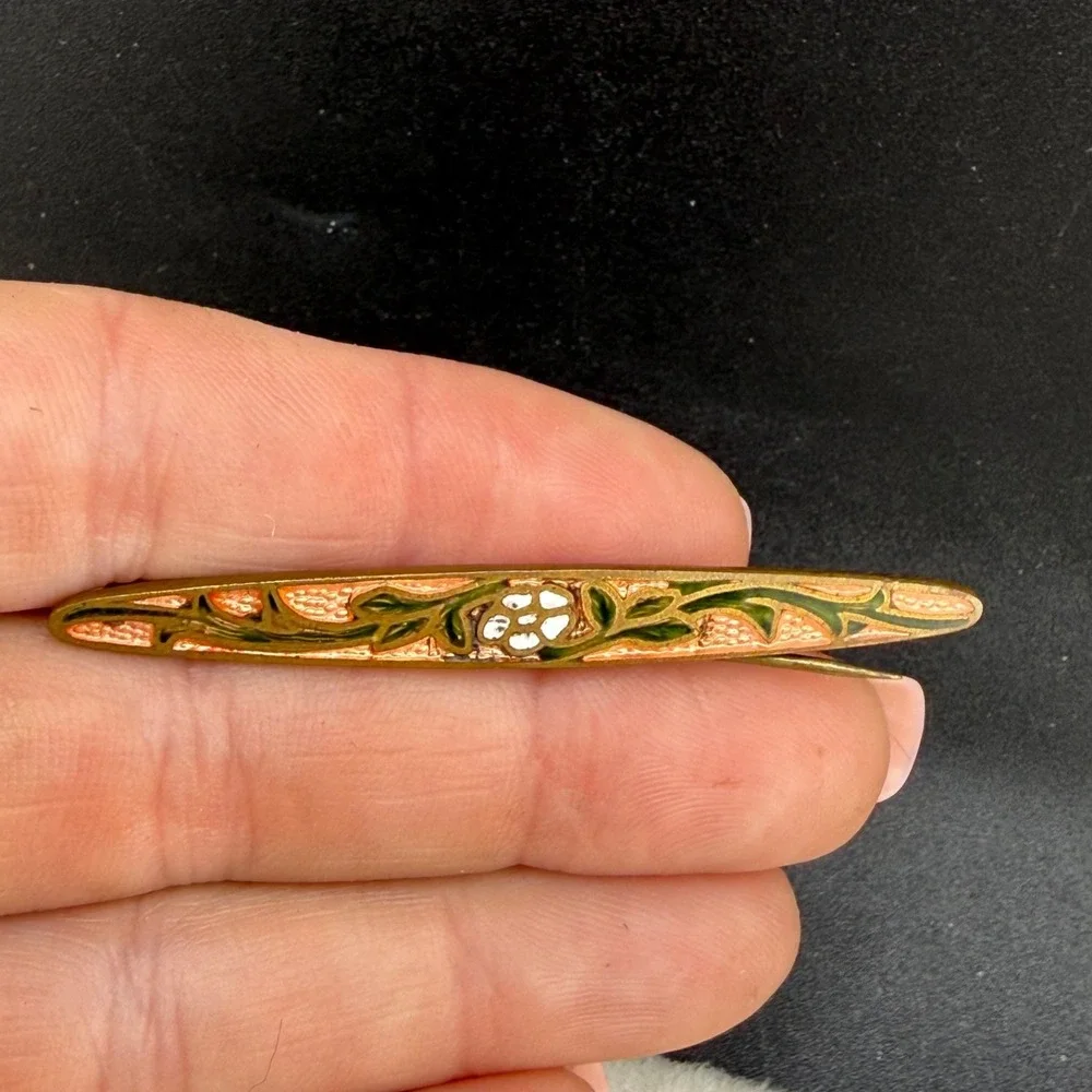 Vintage Enamel Bar Brooch Gold Tone‎ Flower