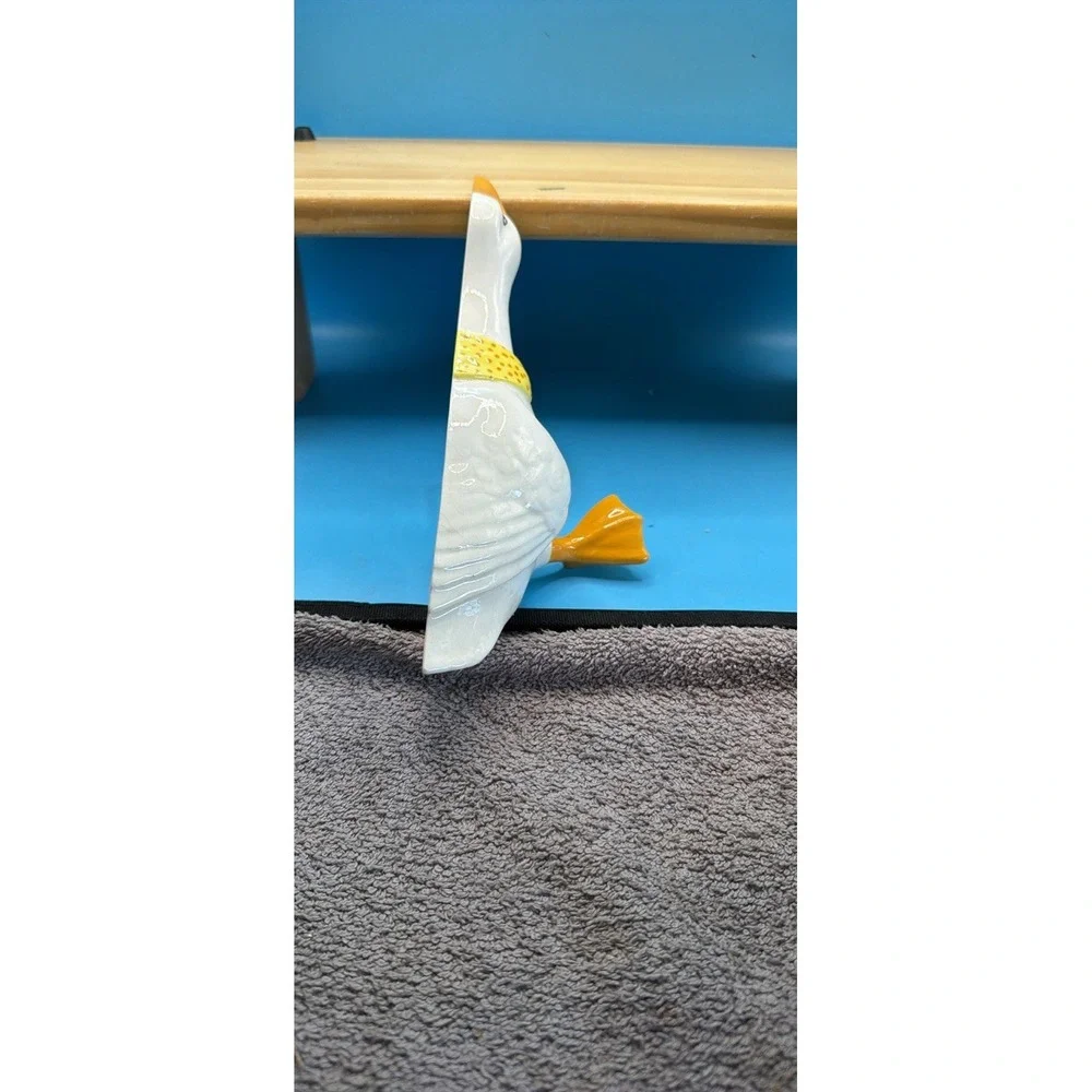 Vintage Glossy White Ceramic goose Figurine Yellow Accents Animal wall Decor