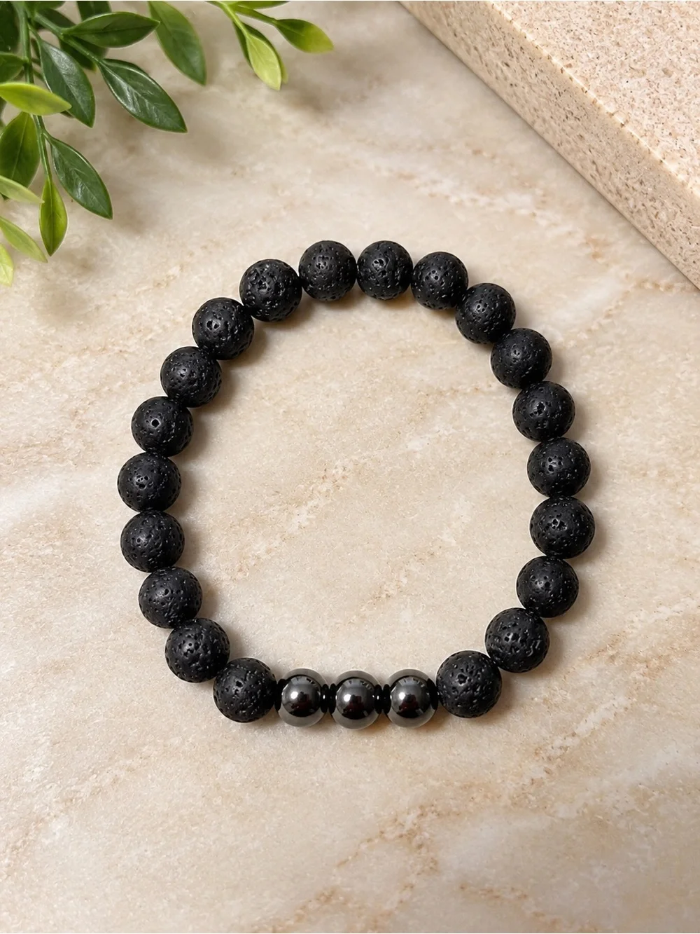 Black Lava Stone Bead Bracelet with Hematite Accent - Men Accessories