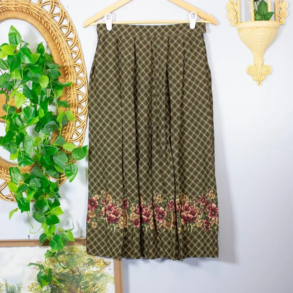 VTG Olive Floral Border Print Pleated Maxi Skirt Trellis Plaid Koret Soft Autumn