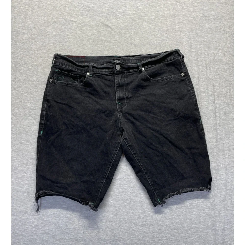 True Religion Jean Shorts Mens 38 Black Denim Ricky Relaxed Straight Fit Raw Hem