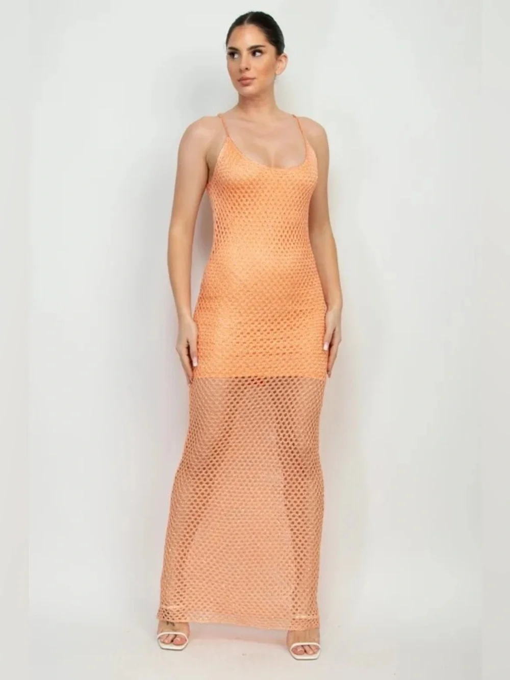Haute Monde Knit Sequin Fish Net Scoop Maxi Dress orange medium