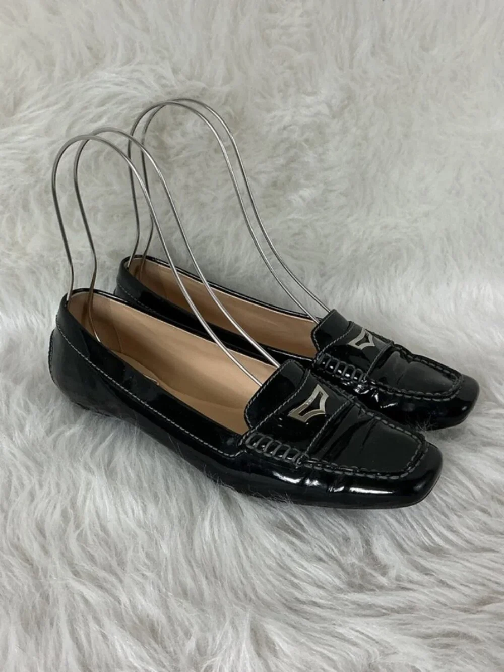 Tod's Black Patent Leather Silver Tone Metal Plaque Square Toe Penny Loafer 7