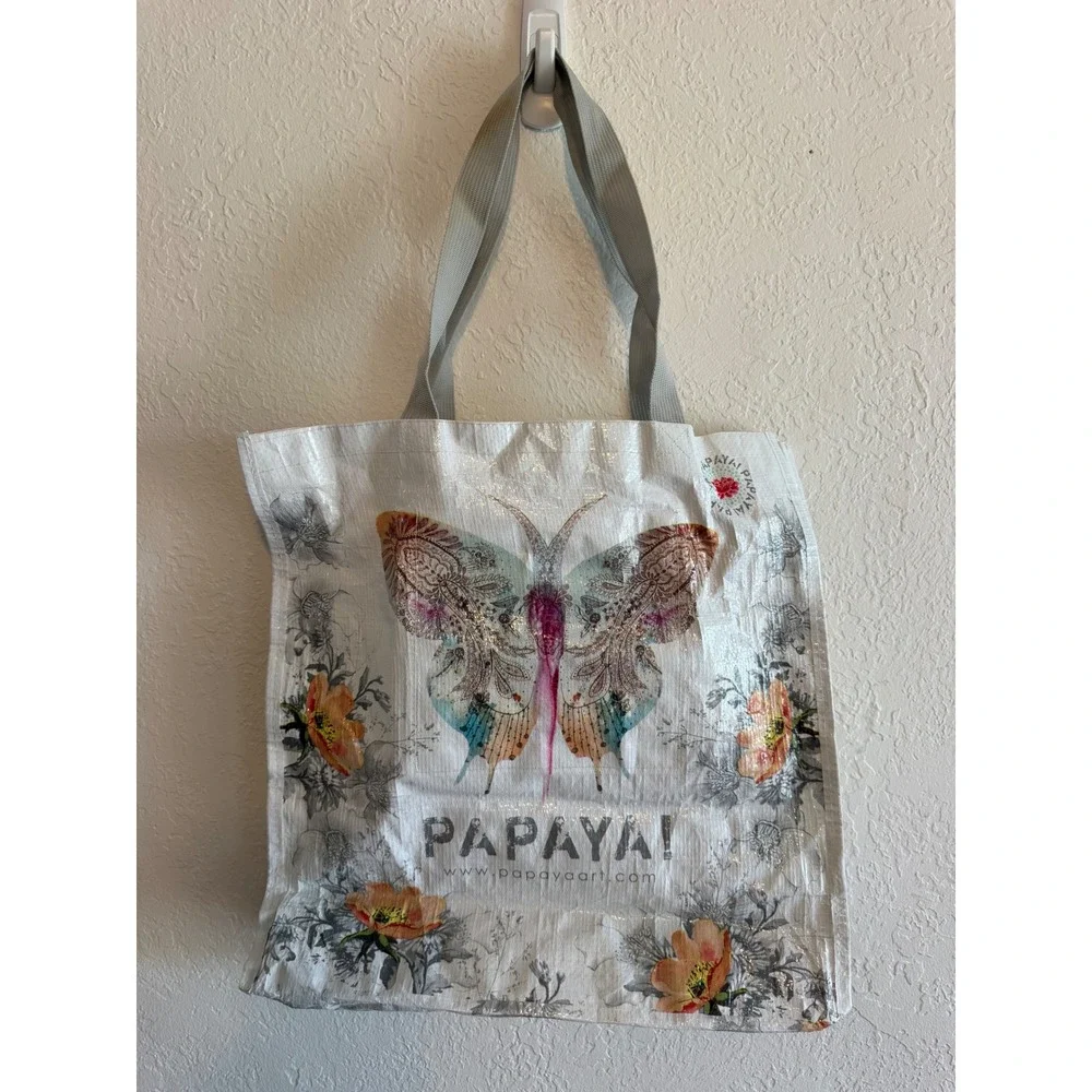 Papaya Art Butterfly Floral‎ Reusable Tote Bag Woven Shopper White Boho