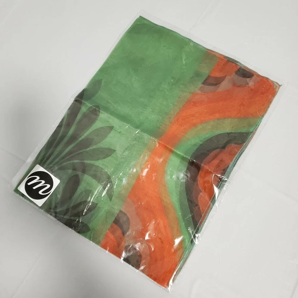 M Paris Silk Scarf Made in France Green Orange Floral Abstract Square Scarf