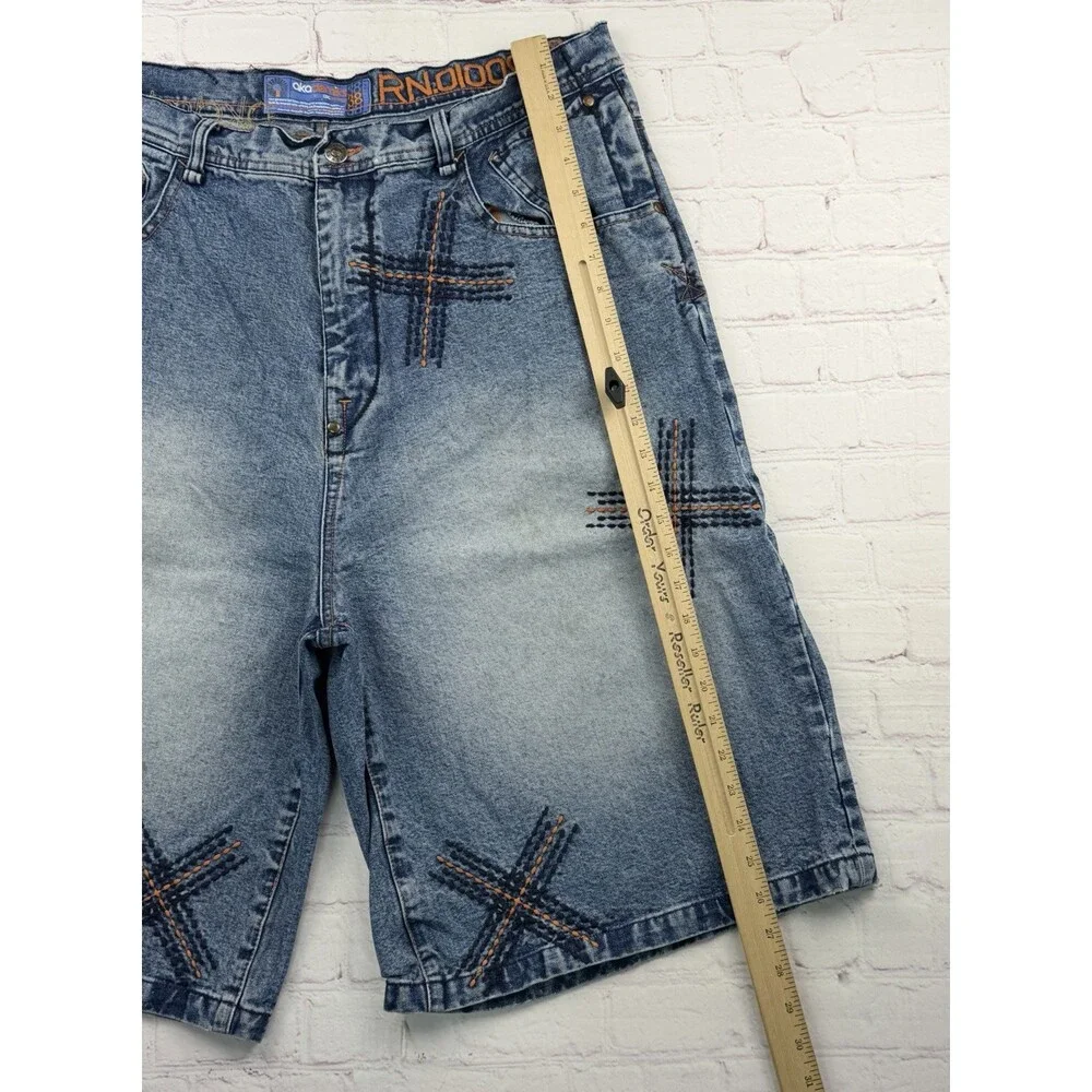 Akademiks Baggy Jean Shorts Vintage Y2K Blue Denim Embroidered Mens 38 Hip Hop