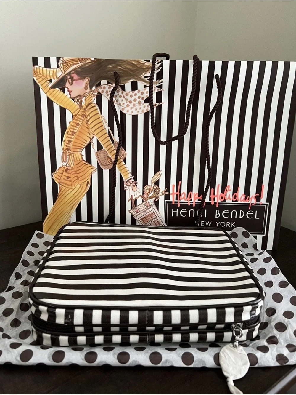Henri Bendel Brown & White centenial Stripe Cosmetic/brush Case