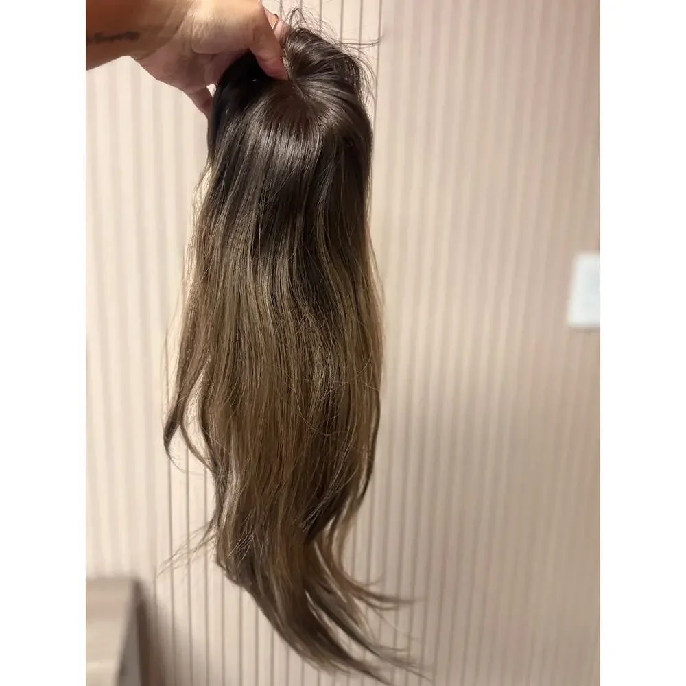 Human Hair Topper 18in Brown Blonde Highlights Clip In Hairpiece NEW