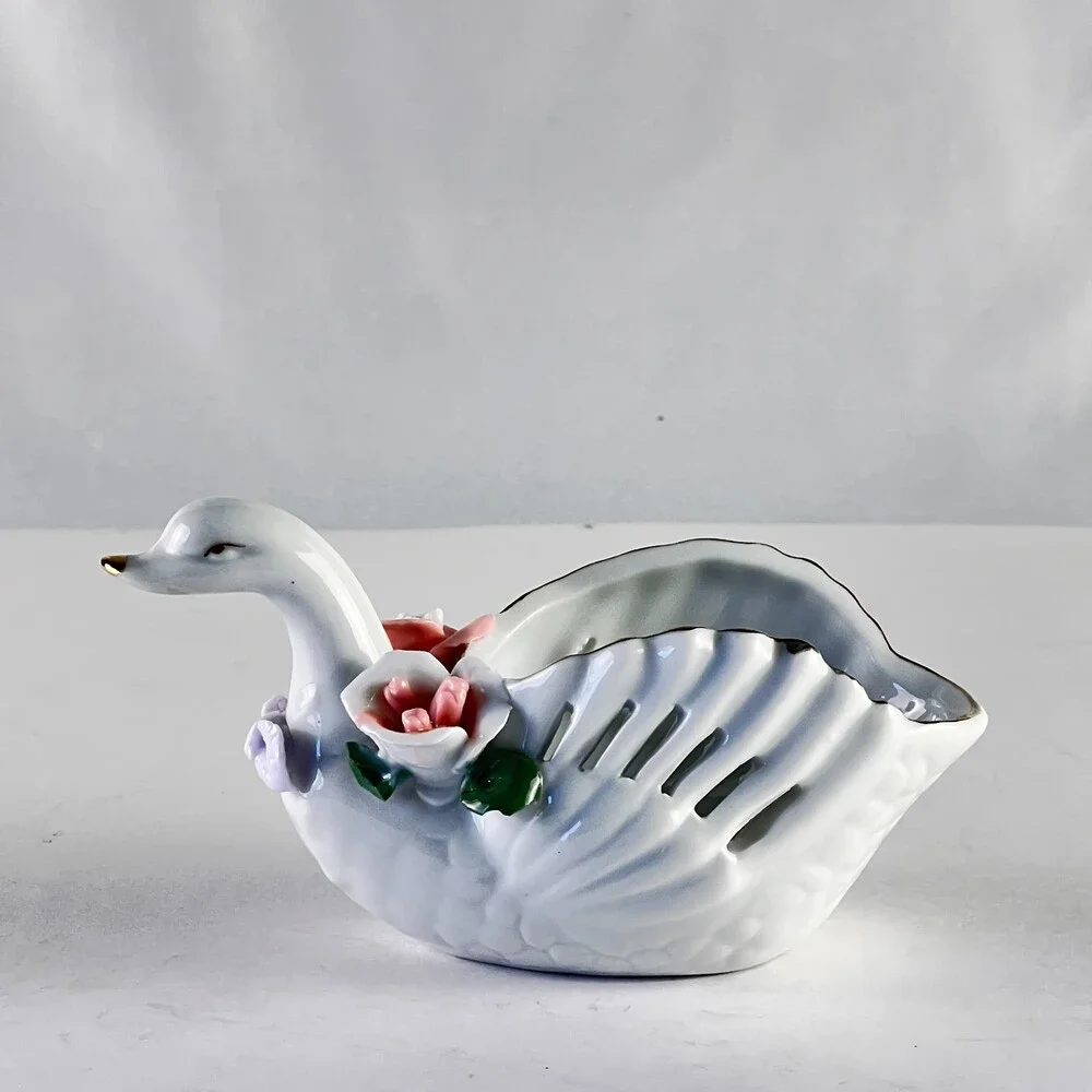 Porcelain Swan Catchall Bowl Applied Pink Roses Gold Accents Iridescent Dish