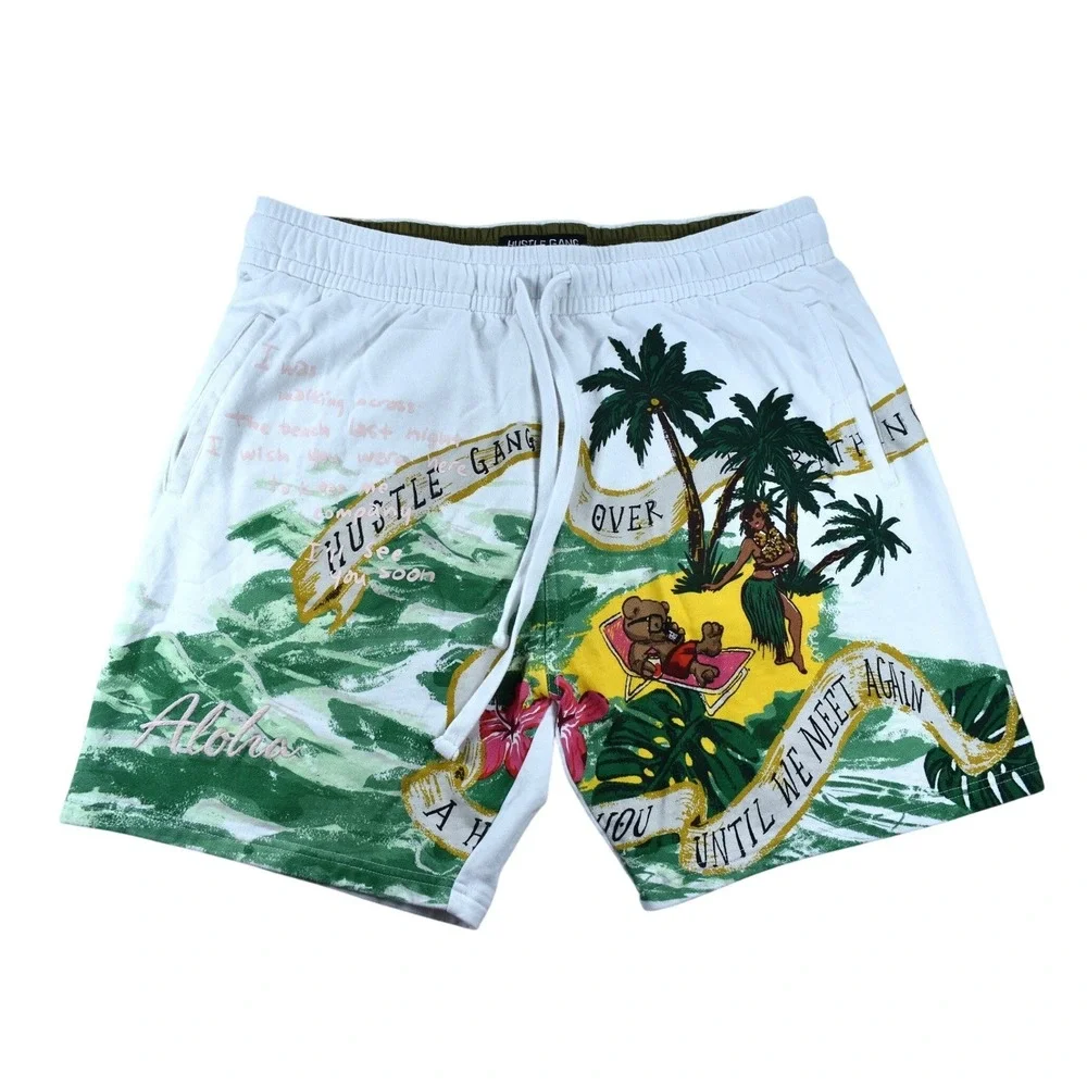 Hustle Gang Mens 2X White Tropical Aloha Graphic Sweat Shorts Drawstring Pocket