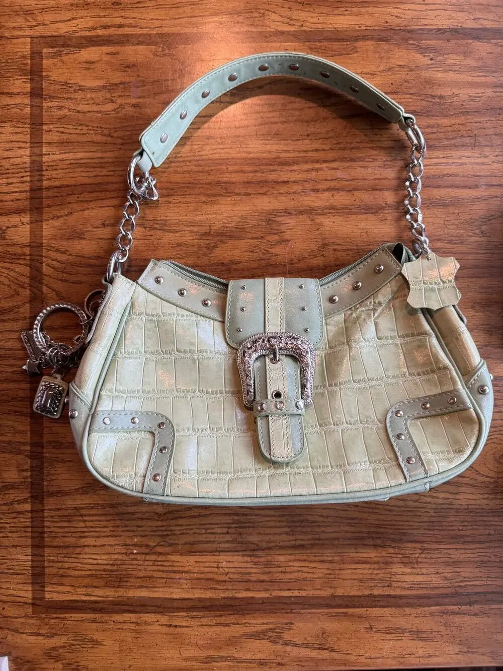 M.C Sage Green Croc Embossed Shoulder Bag | Rhinestone Western Buckle Studded