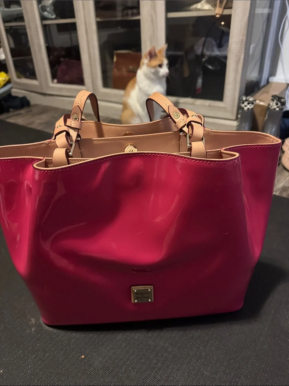 Dooney & Bourke Hot Pink Patent Leather Tote with Tan Handles