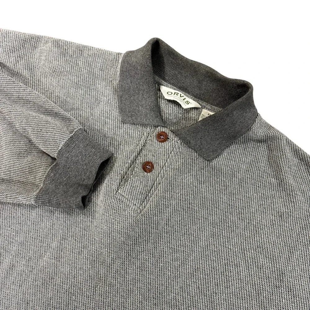 ORVIS Mens XL Gray Long Sleeve Polo Sweater Leather Elbow Patches Cotton Blend