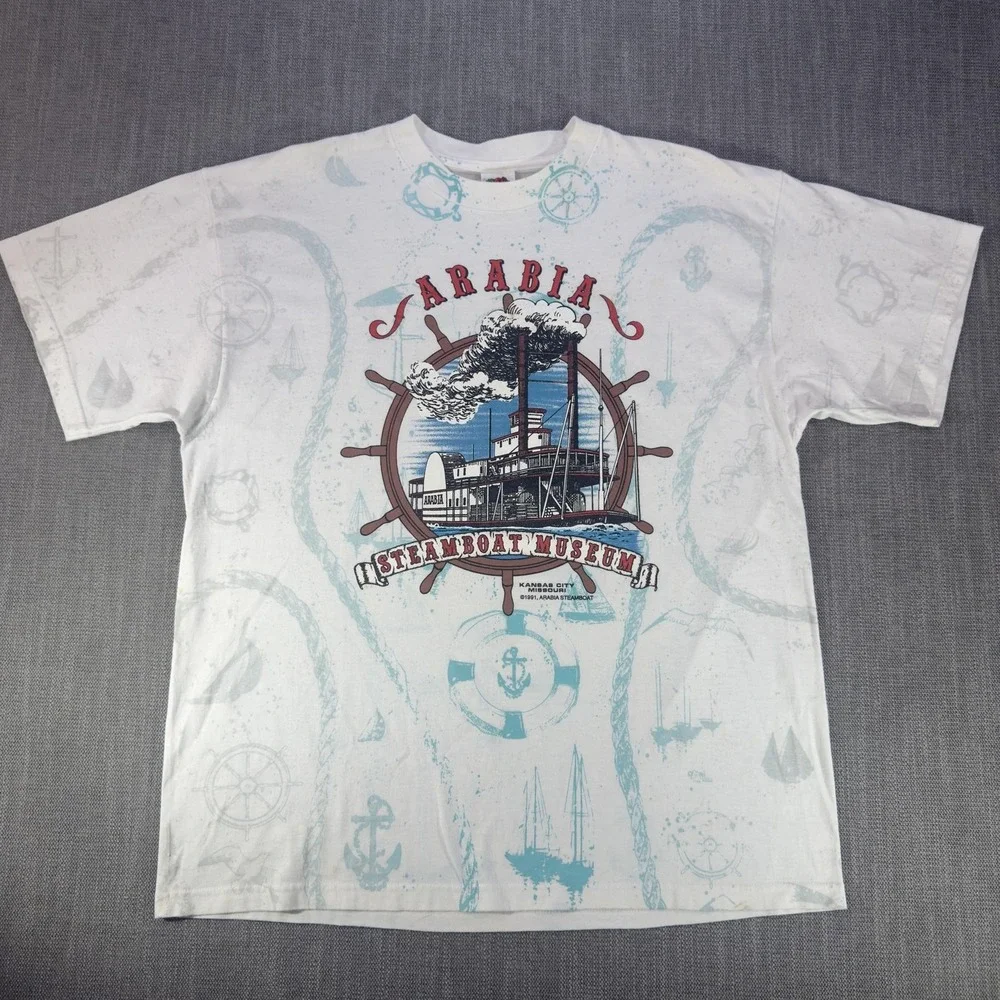 Vintage Arabia Steamboat Museum Shirt Mens XL White Nautical Graphic KC 1991 Tee