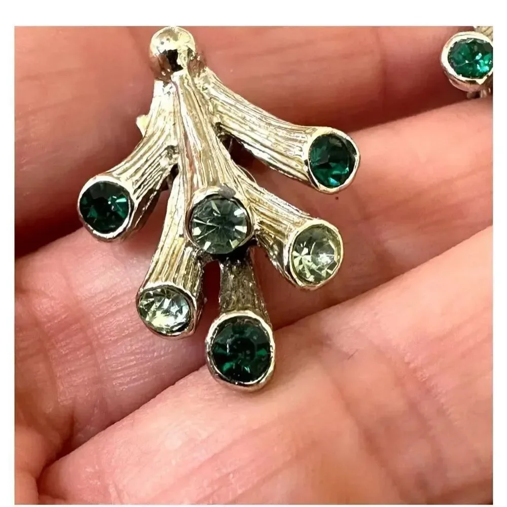 silver green coral branch clip earrings vintage silver