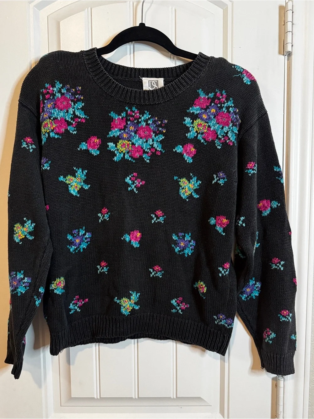 PS Sport Sweater Womens L Black Floral Knit Pullover Grandmacore Cottagecore