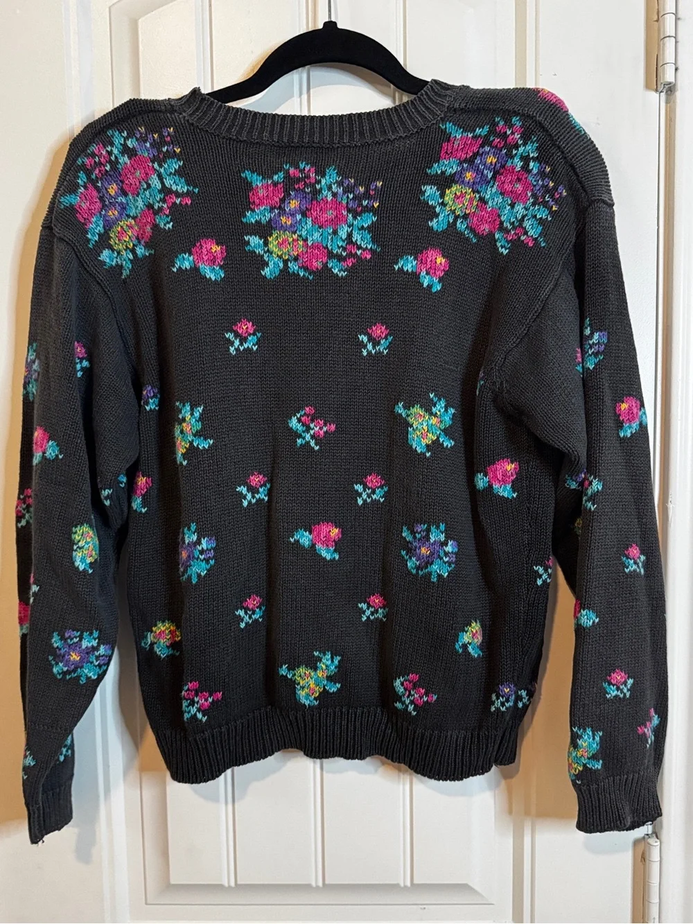 PS Sport Sweater Womens L Black Floral Knit Pullover Grandmacore Cottagecore