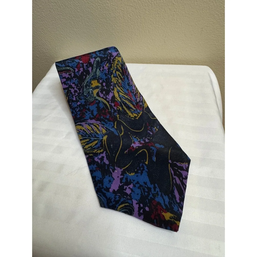 Oscar de la Renta Studio Mens Silk Tie Abstract Floral Leaf Navy Purple Gold USA