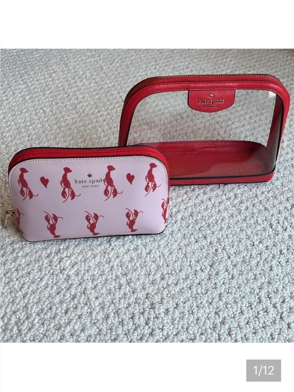 Kate Spade Cosmetic case set /2 Smaller lobster case & larger clear case Red🦞