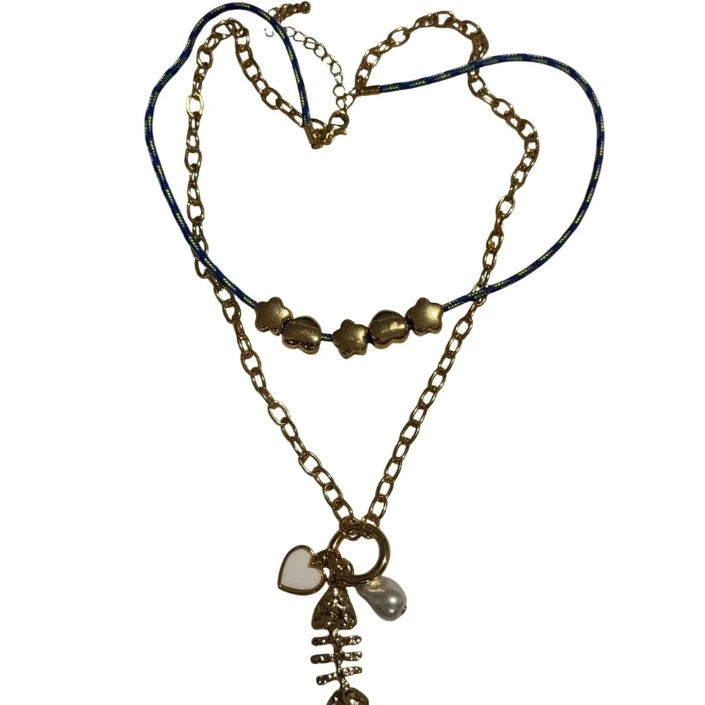 Gold Tone Layered Necklace Set Blue Cord Fish Bone Heart Pearl Charms