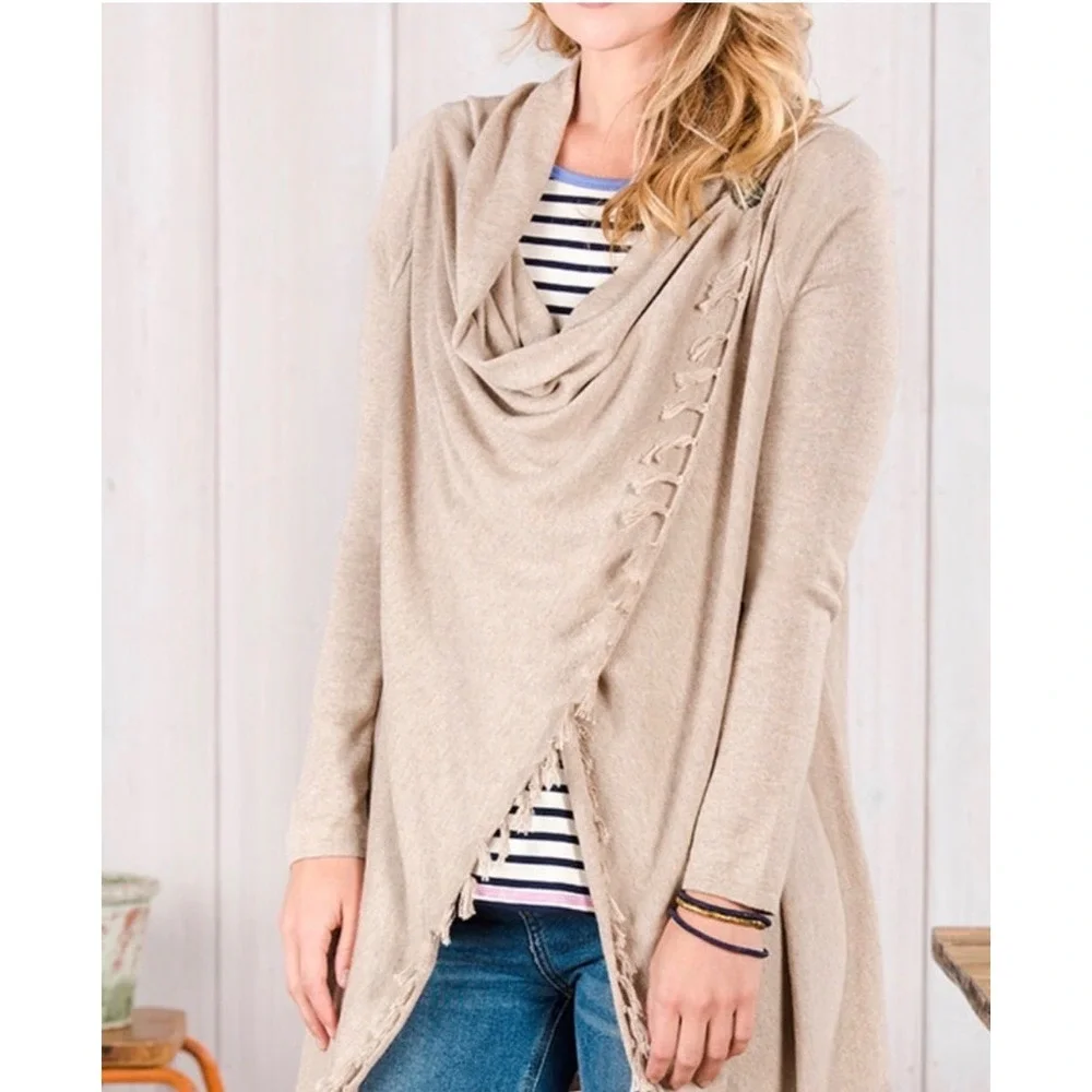 Matilda Jane Come On Over Tan Cardigan Sweater Knot Fringe‎ Button Detail Size M