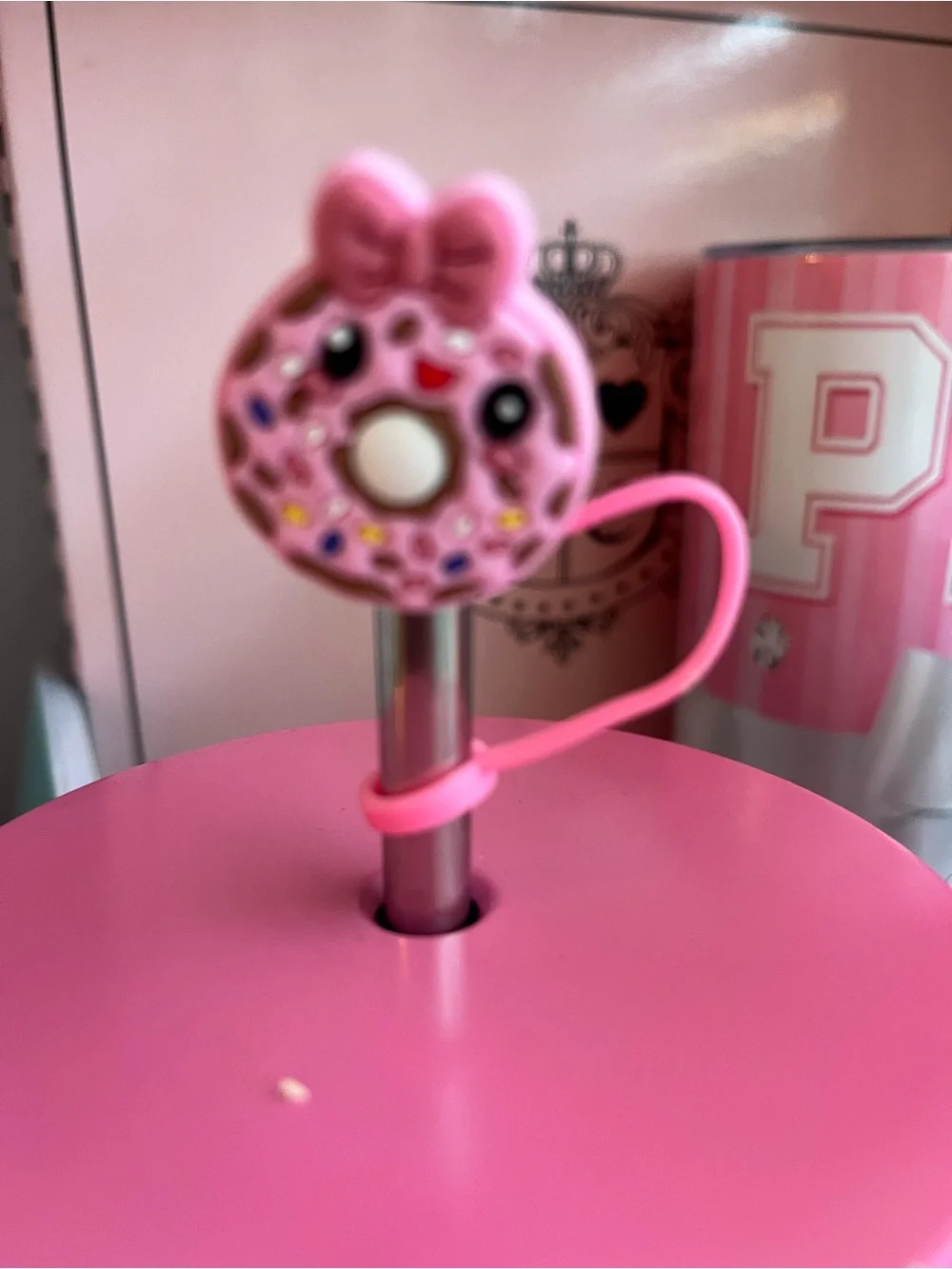 Starbucks Hot Pink Tumbler with Donut Stirrer