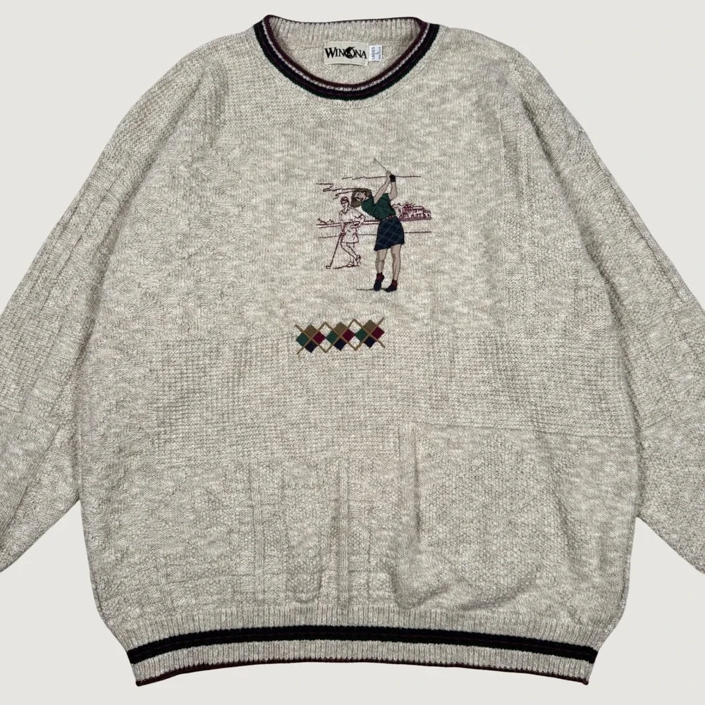 Vintage Winona Golf Embroidered Knit Sweater Womens Large Oatmeal Argyle USA