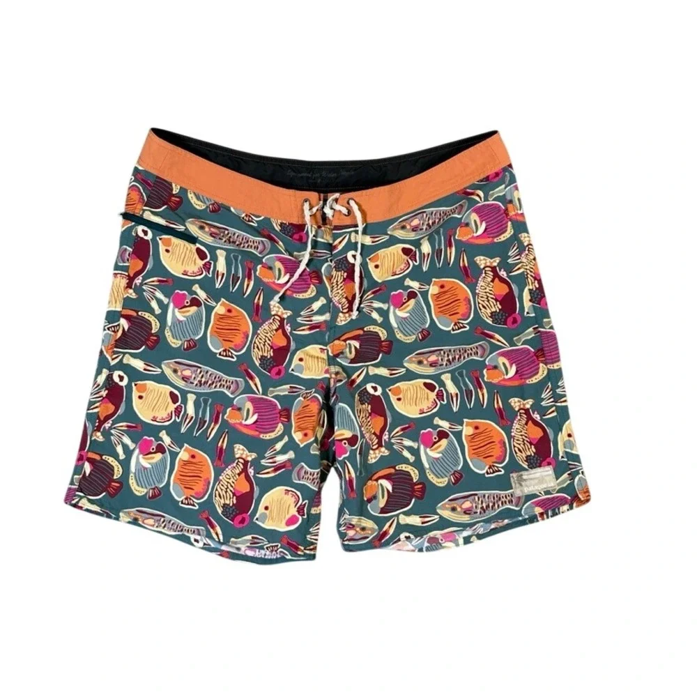 Patagonia Mens Boardshorts 38 Teal Green Tropical Fish Print Swim Trunks 7